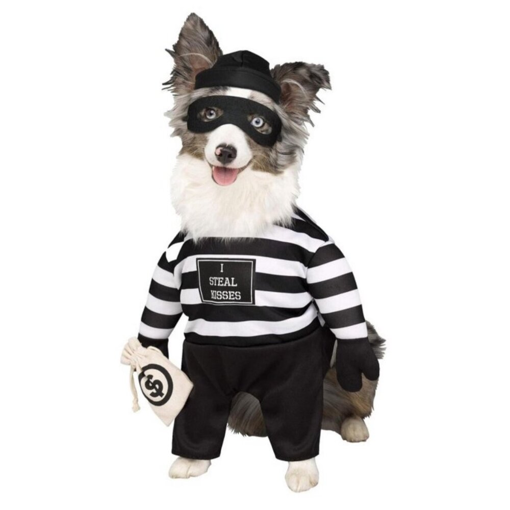 Dog Robber Costume XS/TP Striped Outfit With Mask & Money Bag For Small Breeds